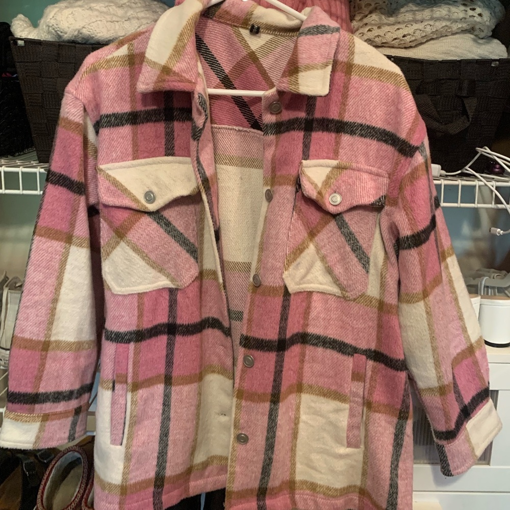 Pink Plaid Shacket Flannel Thick Oversized Pockets Trendy